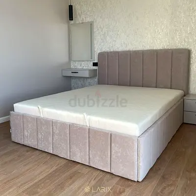 King-size upholstered bed frame with storage, light beige