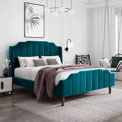 Teal Velvet Upholstered Double Bed with Headboard and Footboard
