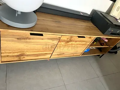 Wooden TV Entertainment Unit with Sliding Doors — Light Oak Finish