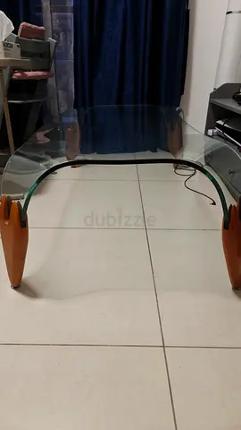 Vintage Tempered Glass Coffee Table with Curved Wooden Legs..Rare to Find