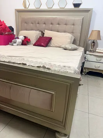 Queen/King Upholstered Bed Frame with Headboard and Footboard - Beige/Grey