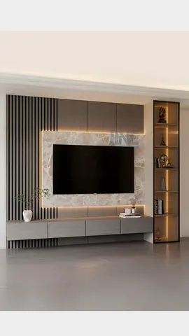 Modern Marble-Accent Entertainment Center with Built-In Shelving