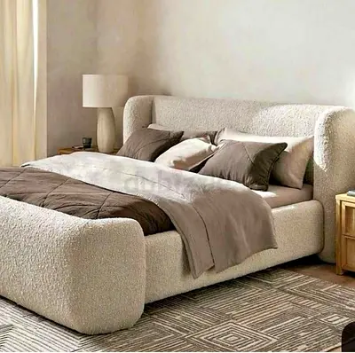 Upholstered Bouclé King Bed with Curved Headboard - Cream