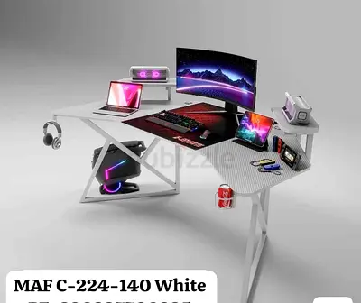 White L-shaped Gaming/Study Desk with RGB Shelves and Headset Hook