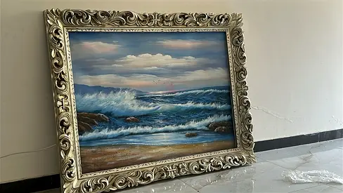 Framed Seascape Oil Painting with Ornate Silver Frame