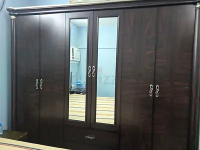 Large Dark Wood 6-Door Wardrobe with Mirrors