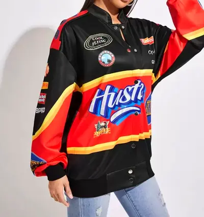 Black Graphic Bomber Jacket with Racing Prints (Unisex)