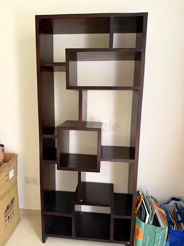 Dark Wood Geometric Bookcase / Display Shelf - Good Condition