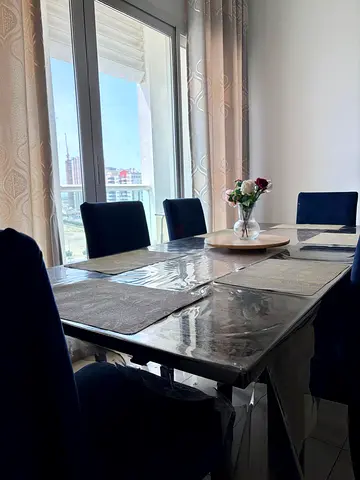 Extendable IKEA Dining table with 6 chairs - modern set in EXCELLENT condition.
