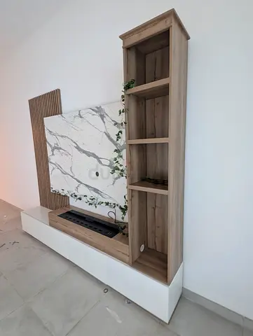 Modern TV Entertainment Unit with Tall Open Shelves - Light Wood  Strip Light + 3D Fireplace