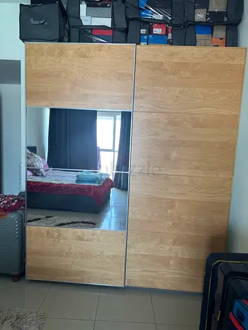 Large Wooden Sliding Wardrobe with Mirror — Good Condition