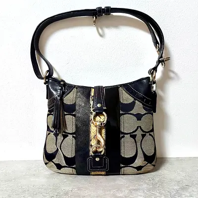 Coach Hamptons Signature Black Canvas Python Stripe Hobo Bag(convertible bag)-Rare collection