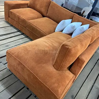 Large Orange L-shaped Fabric Sofa with Chaise
