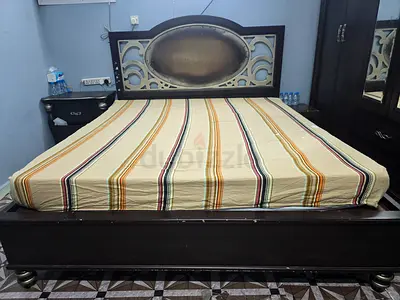 Solid Wood Double Bed with Decorative Headboard - Dark Finish