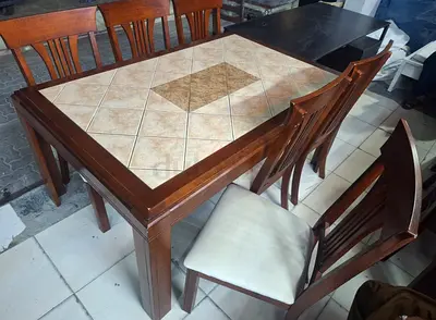 Solid Wood Dining Table with Tile Inlay + 6 Chairs