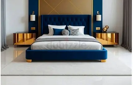 Blue Upholstered Platform Bed with Tufted Headboard - King Size