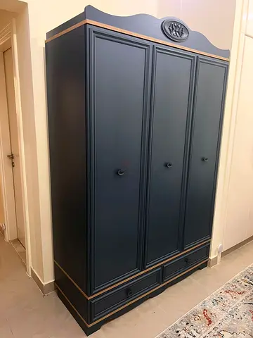 Solid wood 3-door wardrobe / armoire - dark grey, good condition