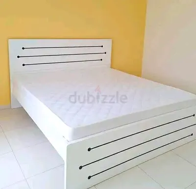 Brand New White Wooden queen Bed with Simple Linear Design — Good Condition