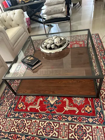 Marina Home Glass Top Coffee Table with Metal Frame and Wooden Shelf