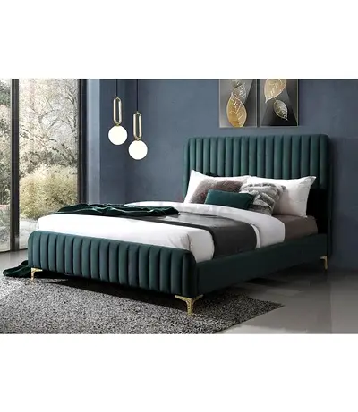 Dark Green Velvet Upholstered Queen Bed