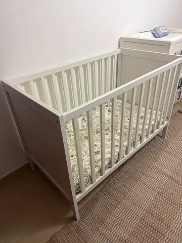 IKEA White Wooden Baby Crib with Mattress - Good Condition