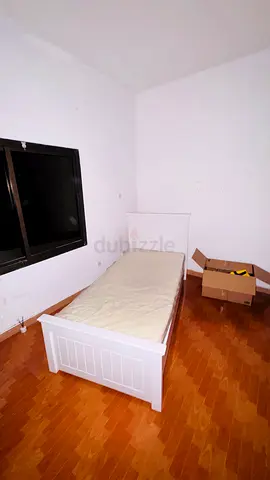 Single and king size white  wooden bed frame with mattress and a cupboard - good condition