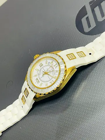 JoJo White and Gold Womens Wristwatch with Crystal Accents