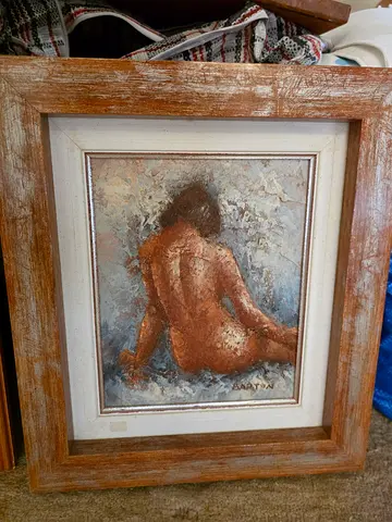 Framed textured painting of a seated nude - rustic wooden frame