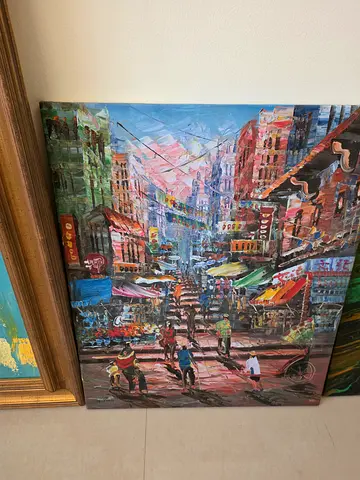 Original canvas Hong Kong street scape painting — colorful market scene
