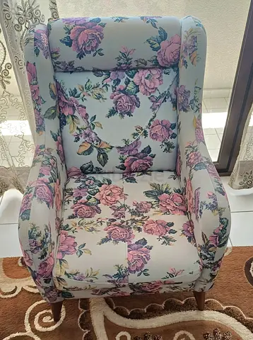 Floral Wingback Accent Chair - Light Blue/Pink Fabric, Solid Wood Legs