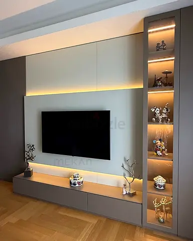 Modern built-in TV entertainment unit with display shelves