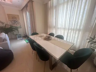 Modern White Dining Table with 6 Dark Green Upholstered Chairs-Excellent Condition