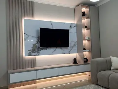 Modern Marble-effect TV Entertainment Unit with Built-in Shelving and LED Lighting