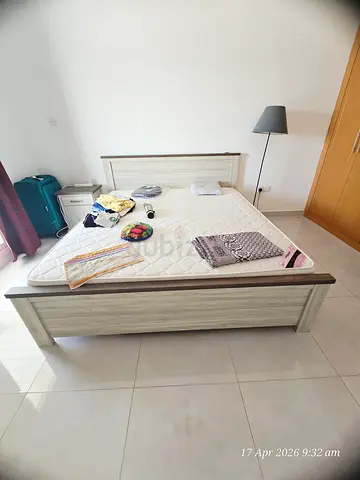 Queen bed frame with mattress and bedside table - light wood