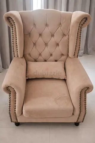 Beige Velvet Wingback Armchair with Stud Detailing