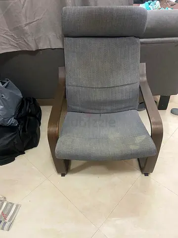 Used Grey Fabric Armchair with Wooden Frame