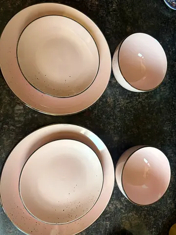 Set of 6 Pink Stoneware Plates and Bowls