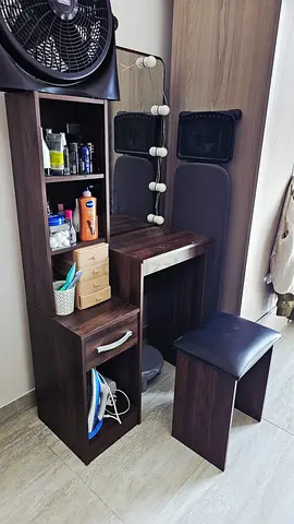 Dark Wood Dressing Table with Mirror, Stool and Storage