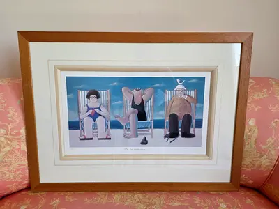 2x Framed Beach Scene Print — Three Seated Figures (Signed?)
