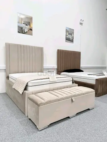 Single Bed Frame with Headboard and Storage Ottoman - Light Beige
