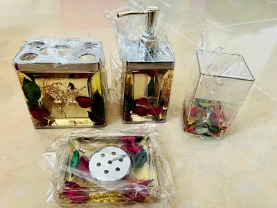 Plastic Set of 4 Floral Bathroom Accessories – Soap Dispenser, Toothbrush Holder, Tumbler, Soap Dish