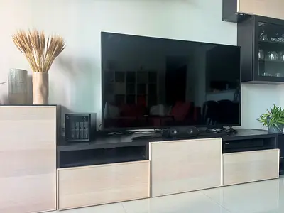 IKEA modular TV bench with shelves