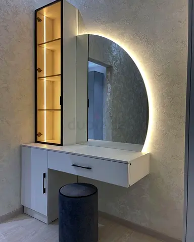 Wall-mounted vanity dressing table with LED round mirror and storage cabinet