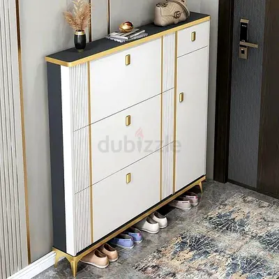 Slim Modern Shoe Cabinet with Gold Trim - White  Grey