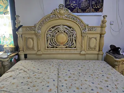 Ornate Carved King Size Wooden Bed with Headboard and Side Tables
