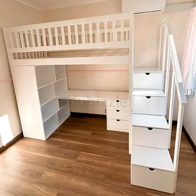 White Loft Bed with Desk, Shelves and Storage Staircase - Single/Children’s