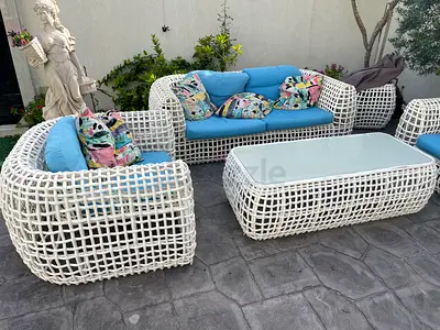 White Wicker Outdoor Sofa Set with Blue Cushions — 3-Seater + 2Armchairs + 2Coffee Table.
