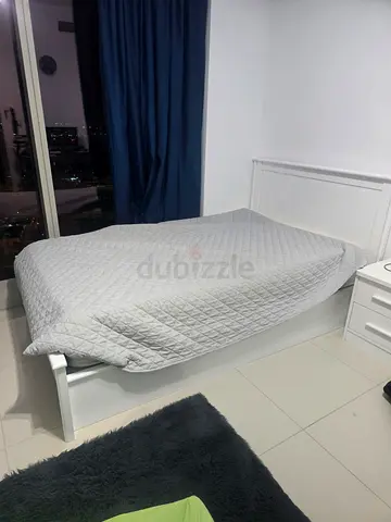 White Wooden Double Bed Frame with Headboard - Good Condition with Silent night Matress.