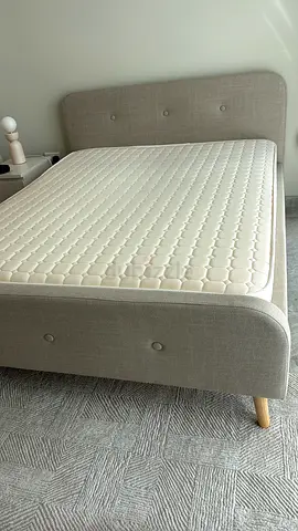 Single bed frame with mattress — light grey upholstered, good condition