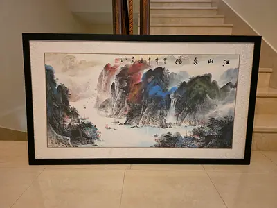 3x Large Framed Chinese Landscape Painting with Calligraphy